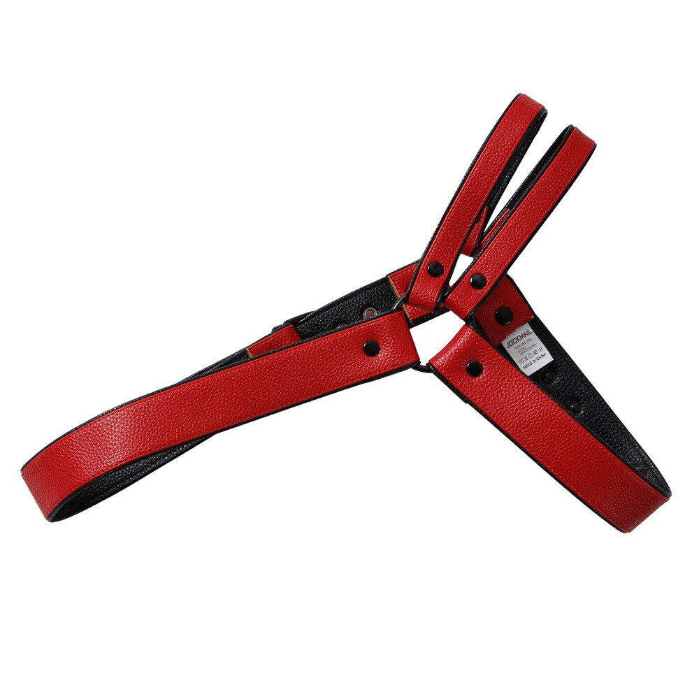 Faux Leather Jockstrap Shoulder Harness Set laid flat in red