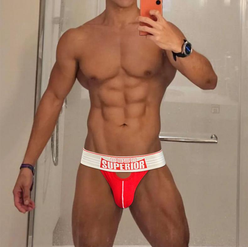 Red Retro Wide Waistband Cotton Jockstrap close up detail