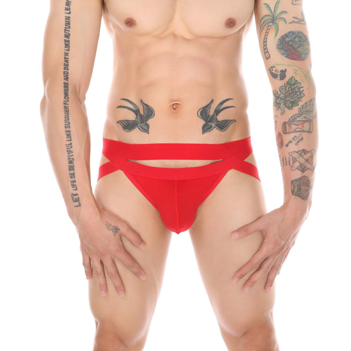 Red Metal Ring Cutout Double Waistband Jockstrap front view