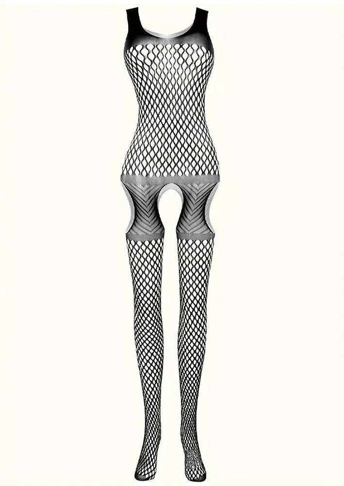 Open Crotch Fishnet Suspender Bodysuit