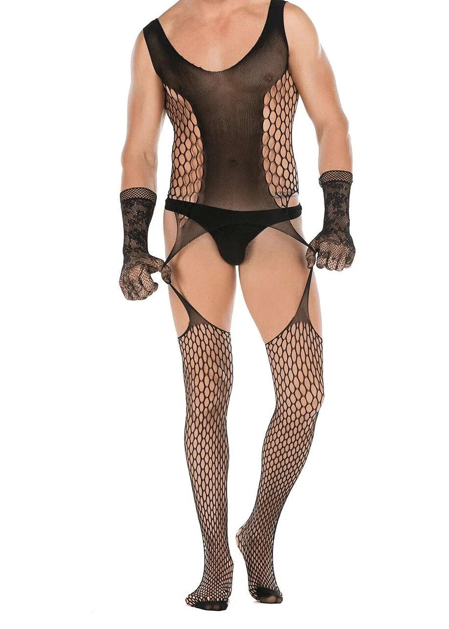Open Crotch Mesh Bodysuit With Lace Gloves alternate view 4