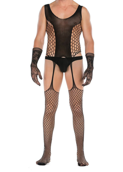 Open Crotch Mesh Bodysuit With Lace Gloves alternate view 2