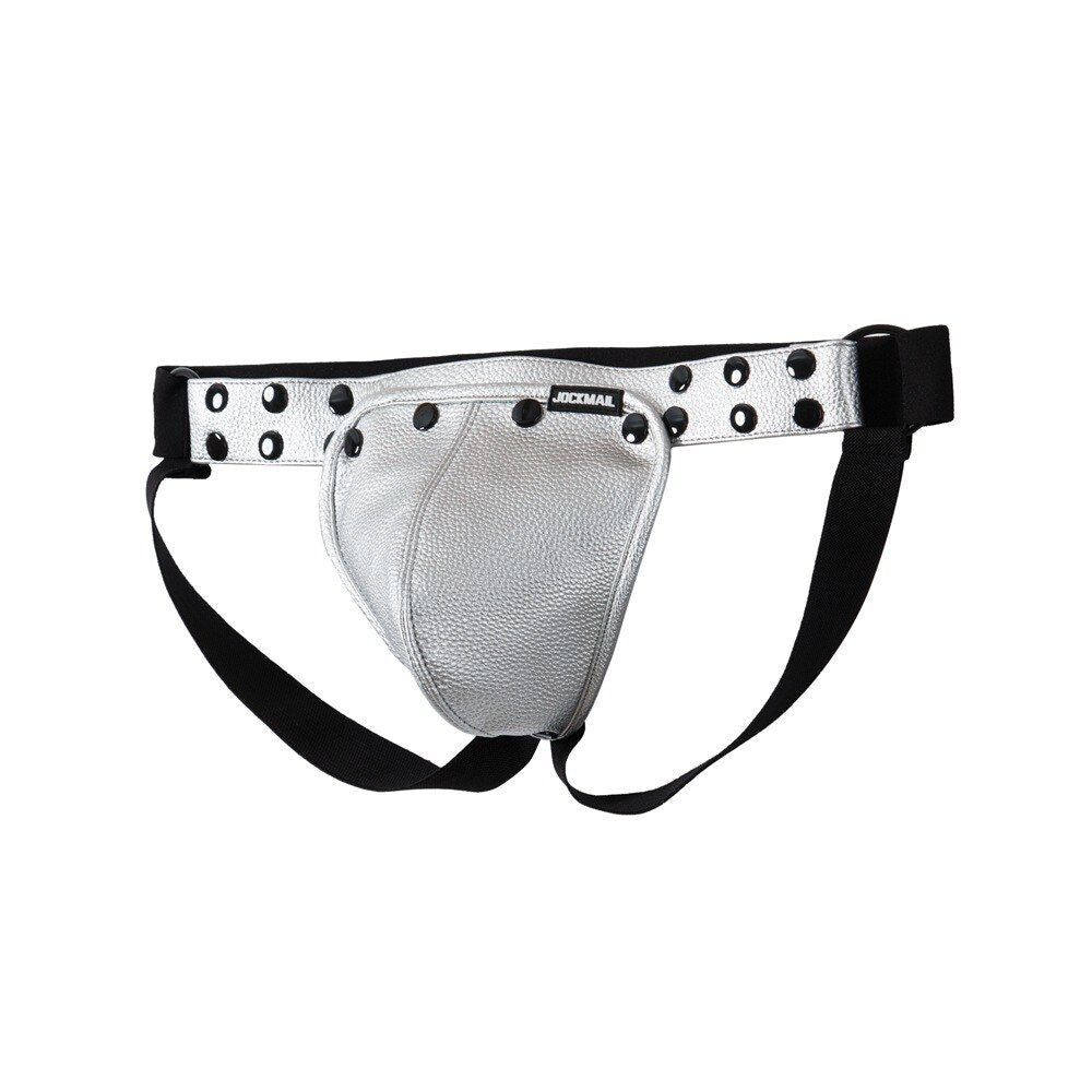 Silver Faux Leather Jockstrap Shoulder Harness Set flat lay