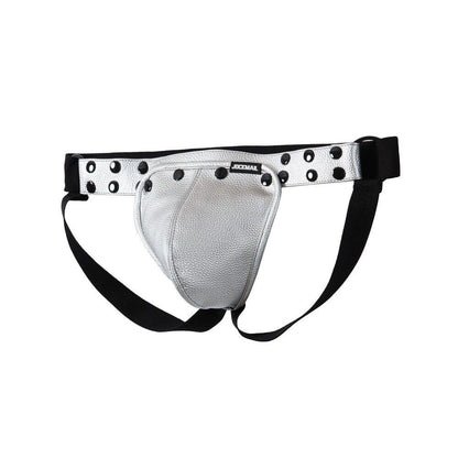 Silver Faux Leather Jockstrap Shoulder Harness Set flat lay